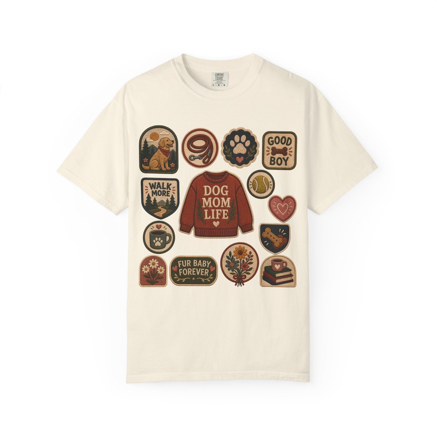 Dog Mom Life Patch — Cute Pet Lover T-Shirt (Patch Effect - Flat Printed Image - No Embroidery on this T-Shirt)