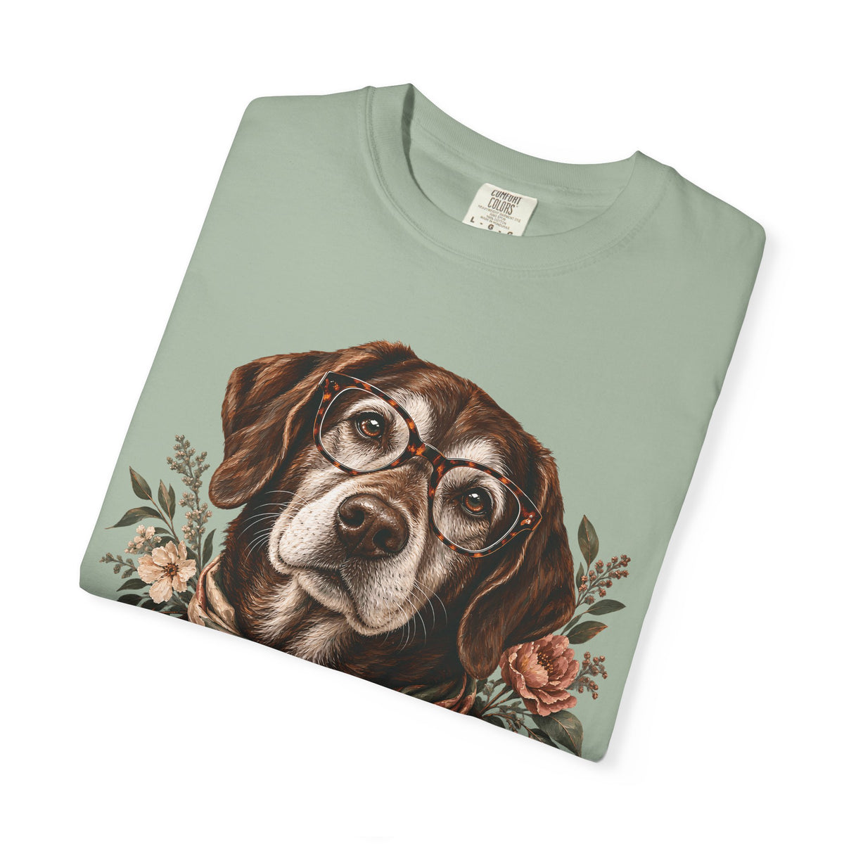 Vintage Floral Dog T-Shirt – Dog with Glasses & Botanical Scarf Tee