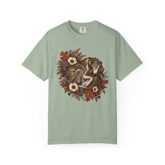 Sleeping Brindle Whippet Grey Hound T-Shirt – Vintage Autumn Sighthound Floral Tee