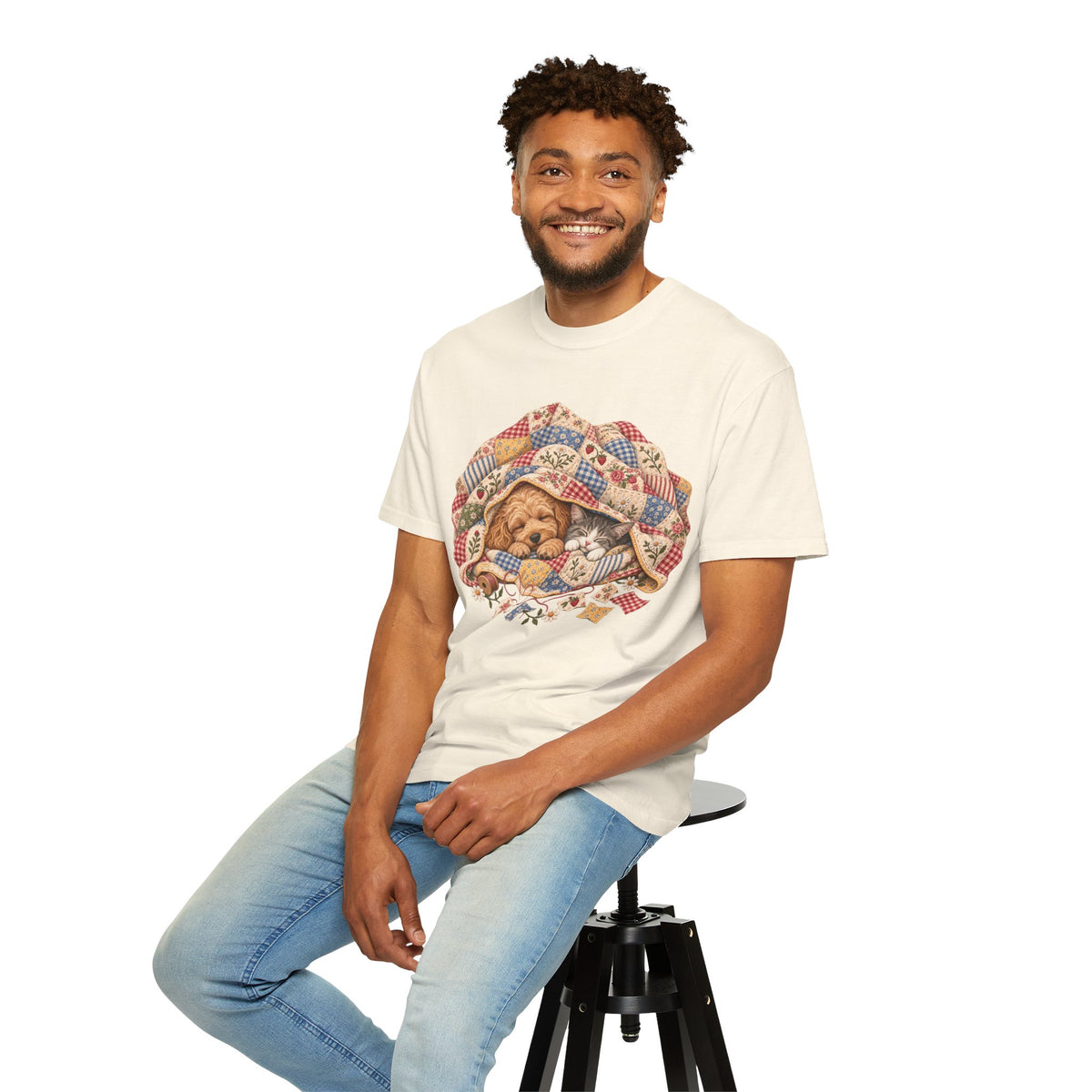 Sleeping Puppy & Kitten T-Shirt – Vintage Patchwork Quilt Pet Lover Tee