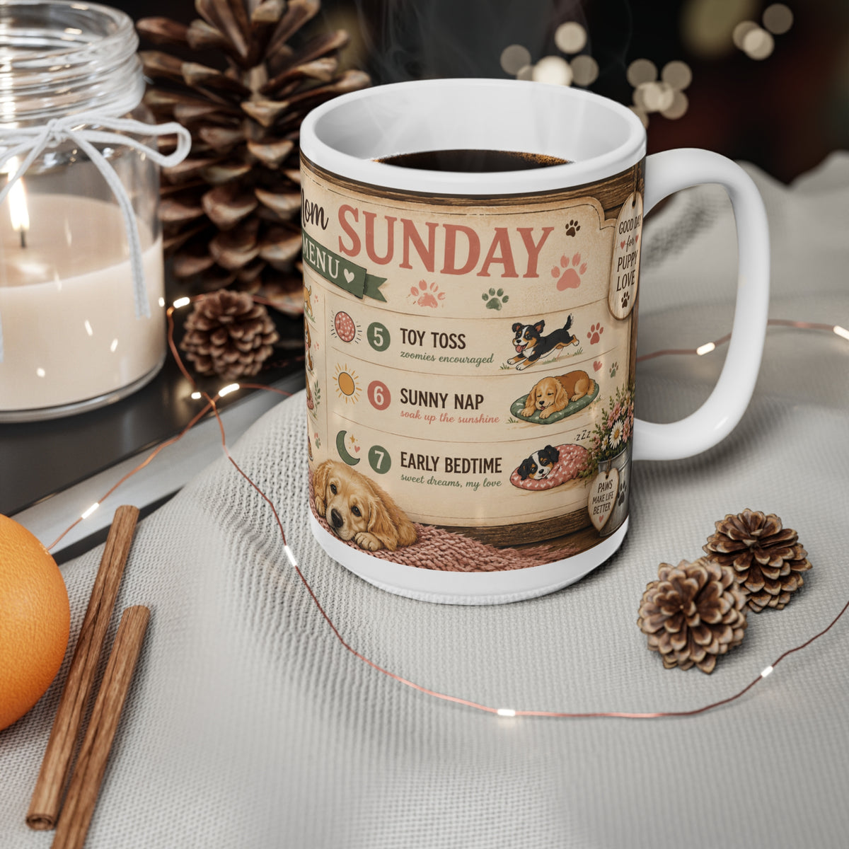 Dog Mom Sunday Menu Mug — Cute Coffee Cup for Dog Lovers (15oz Mug)