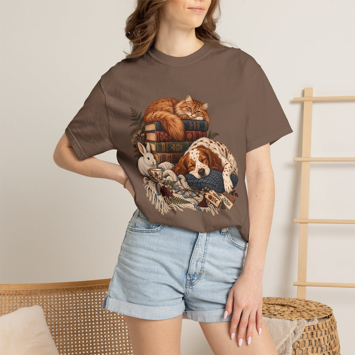 Cozy Reading Pets T-Shirt – Cat, Dog & Bunny Book Lover Tee