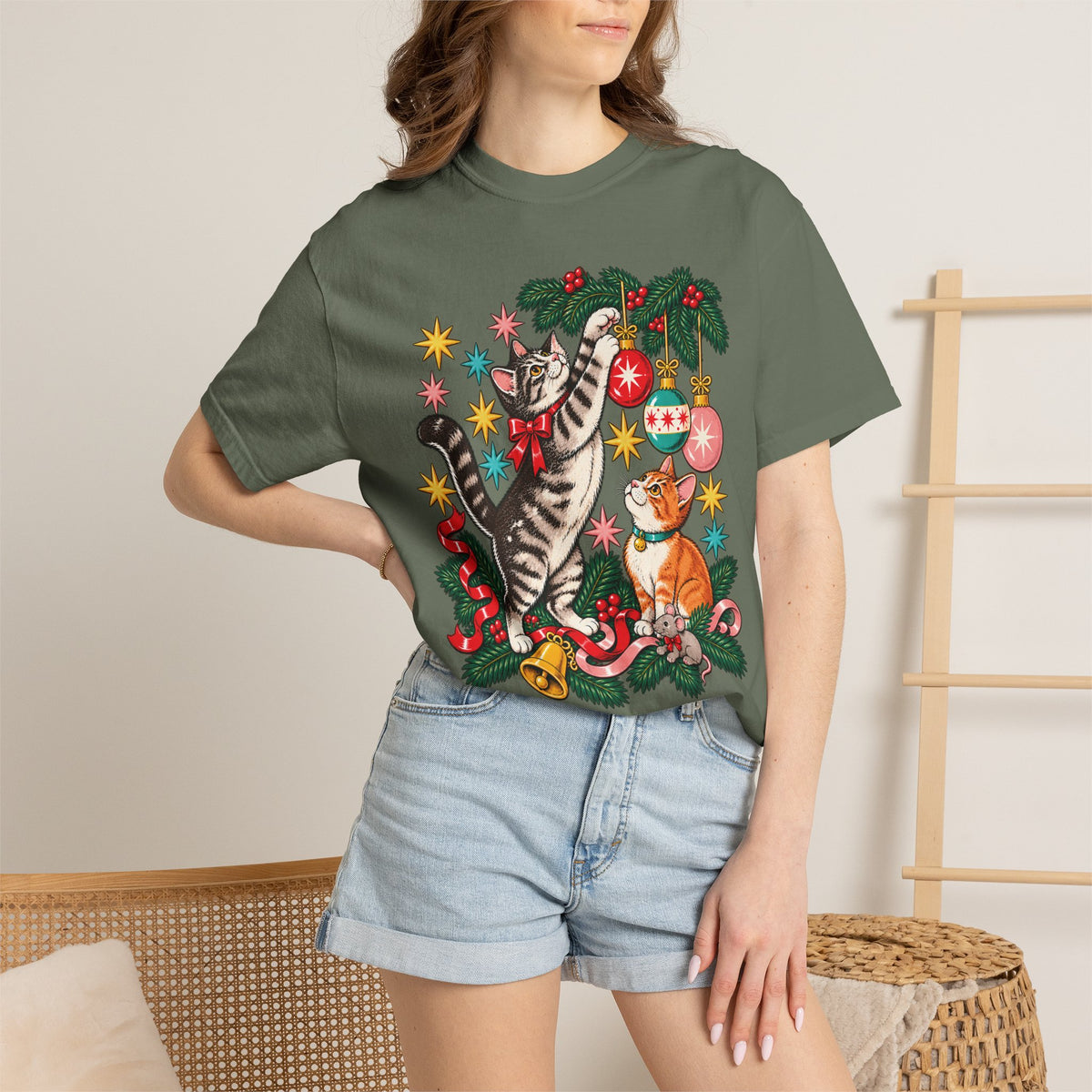 Retro Christmas Cats T-Shirt – Mischievous Cats & Ornaments Tee