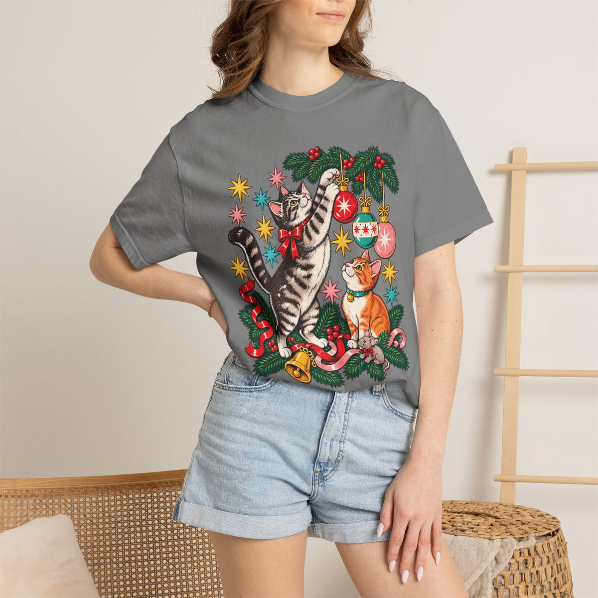 Retro Christmas Cats T-Shirt – Mischievous Cats & Ornaments Tee