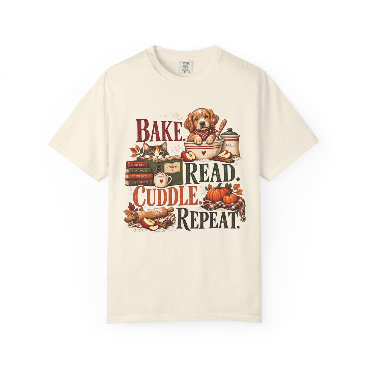 Bake. Read. Cuddle. Repeat. Pet Lover T-Shirt – Cozy Dog & Cat Book Lover Tee