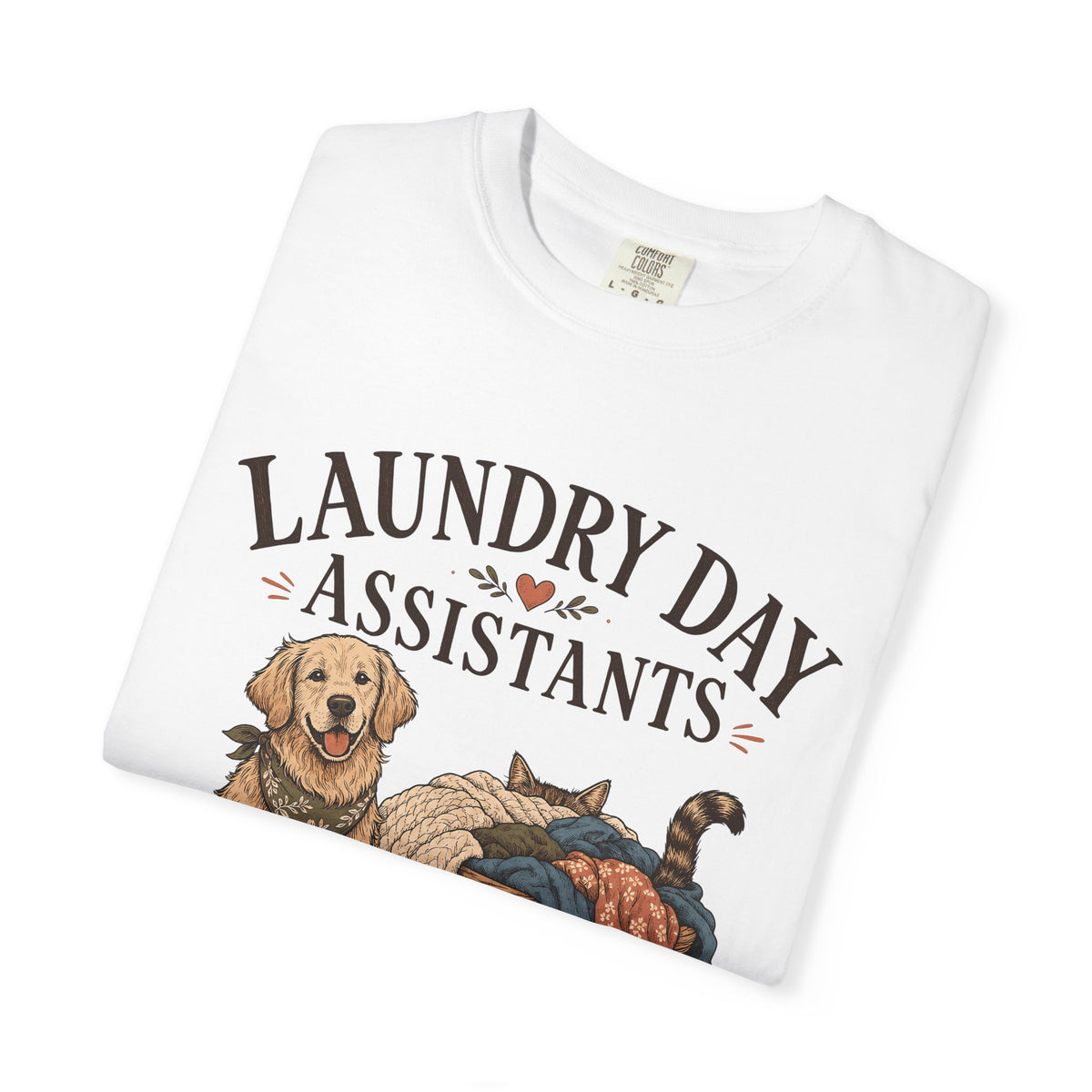 "Laundry Day Assistants" Funny Golden Retriever & Cat T-Shirt