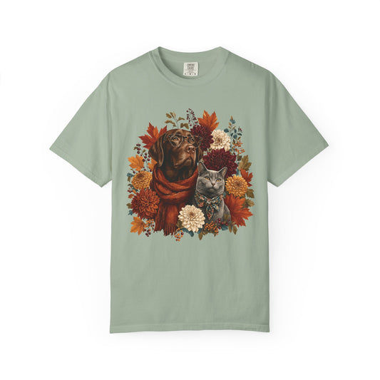 Autumn Dog & Cat T-Shirt – Vintage Floral Pet Lover Fall Graphic Tee