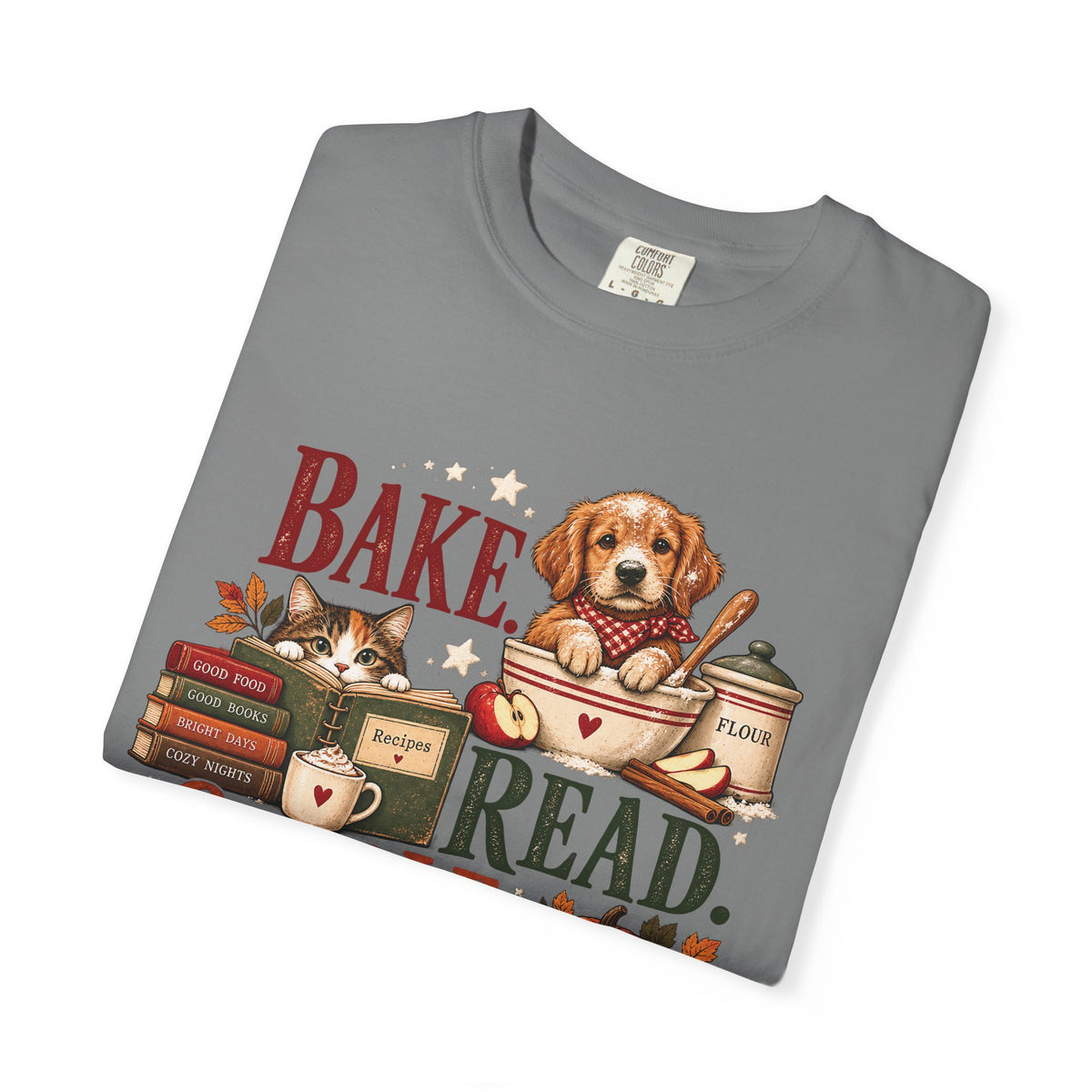 Bake. Read. Cuddle. Repeat. Pet Lover T-Shirt – Cozy Dog & Cat Book Lover Tee