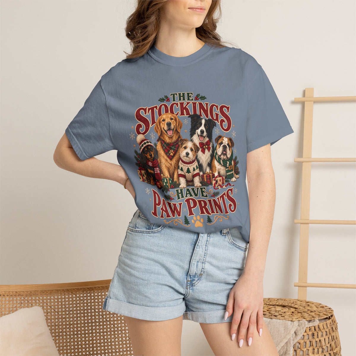 The Stockings Have Paw Prints T-Shirt – Christmas Dog Lover Tee