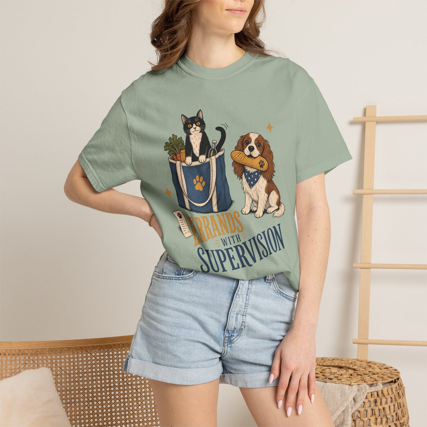 "Errands With Supervision" Funny Grocery Shopping Cat & Dog T-Shirt