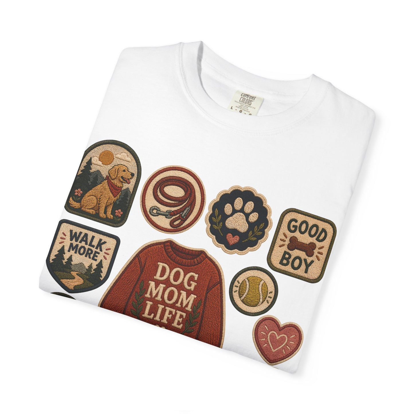 Dog Mom Life Patch — Cute Pet Lover T-Shirt (Patch Effect - Flat Printed Image - No Embroidery on this T-Shirt)