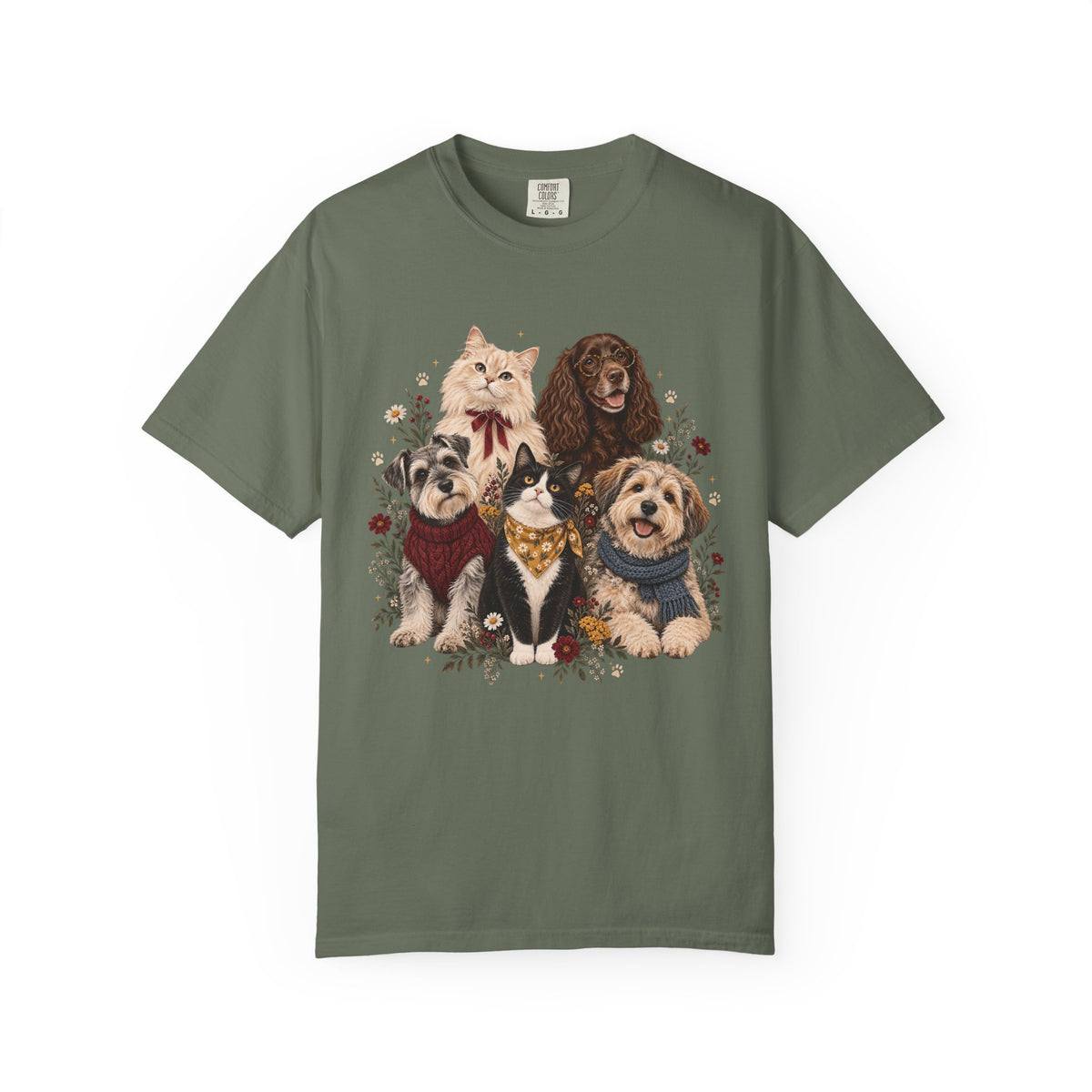 Dog & Cat Family T-Shirt – Vintage Botanical Five Pets Tee