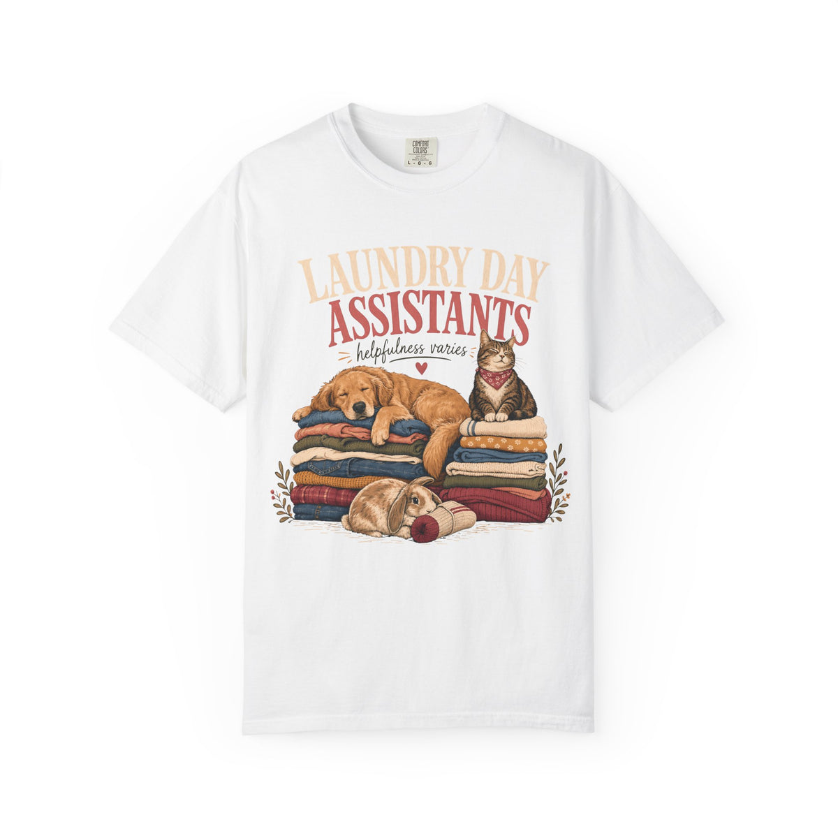 Laundry Day Assistants T-Shirt – Cute Dogs & Cat on Folded Clothes