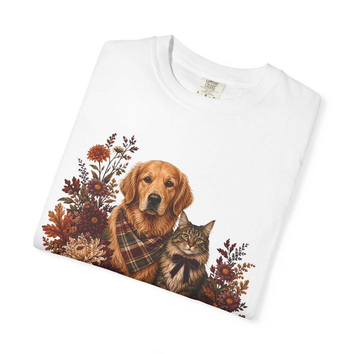 Autumn Dog & Cat Floral T-Shirt – Cozy Fall Pet Lover Graphic T-Shirt