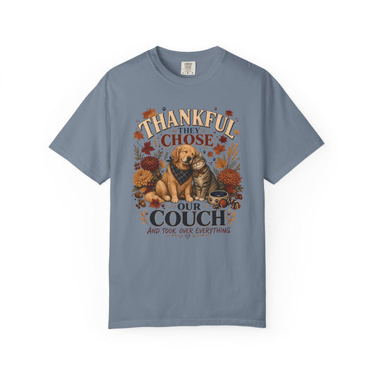 Thankful They Chose Our Couch T-Shirt | Funny Dog & Cat Thanksgiving Shirt