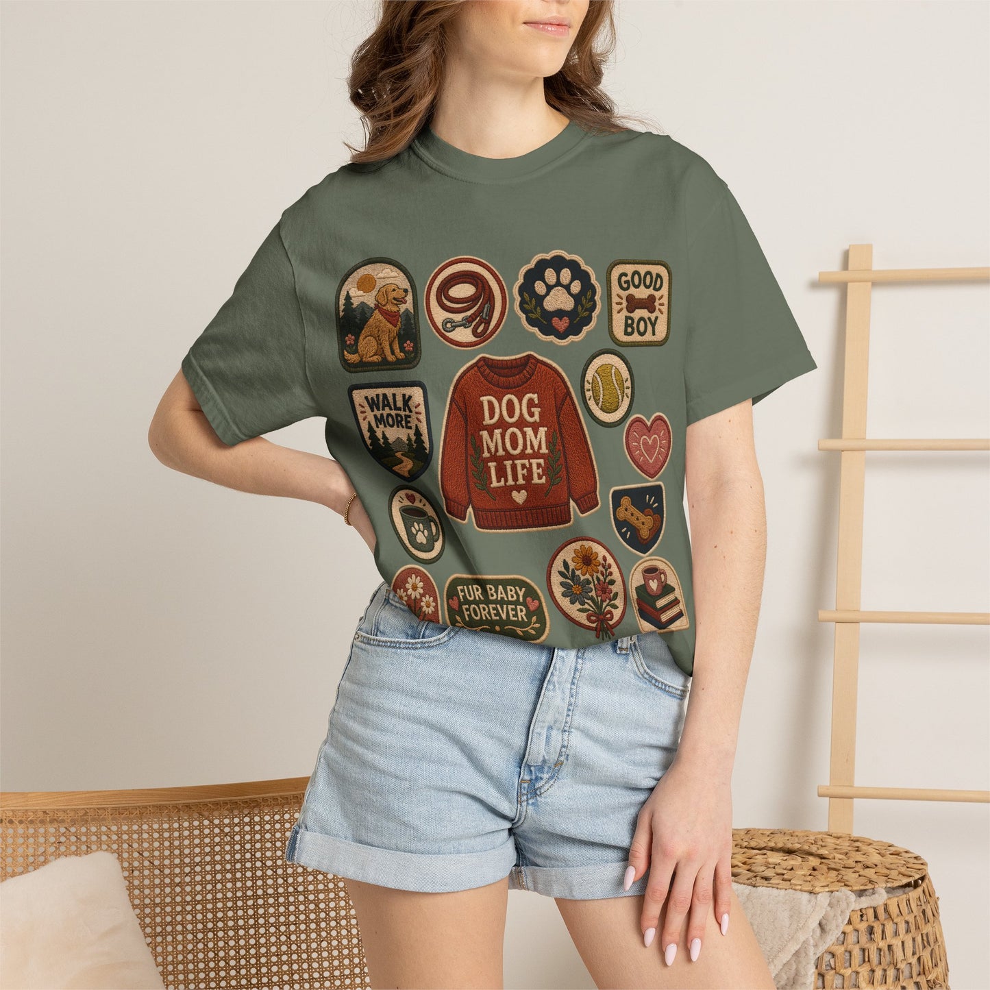 Dog Mom Life Patch — Cute Pet Lover T-Shirt (Patch Effect - Flat Printed Image - No Embroidery on this T-Shirt)