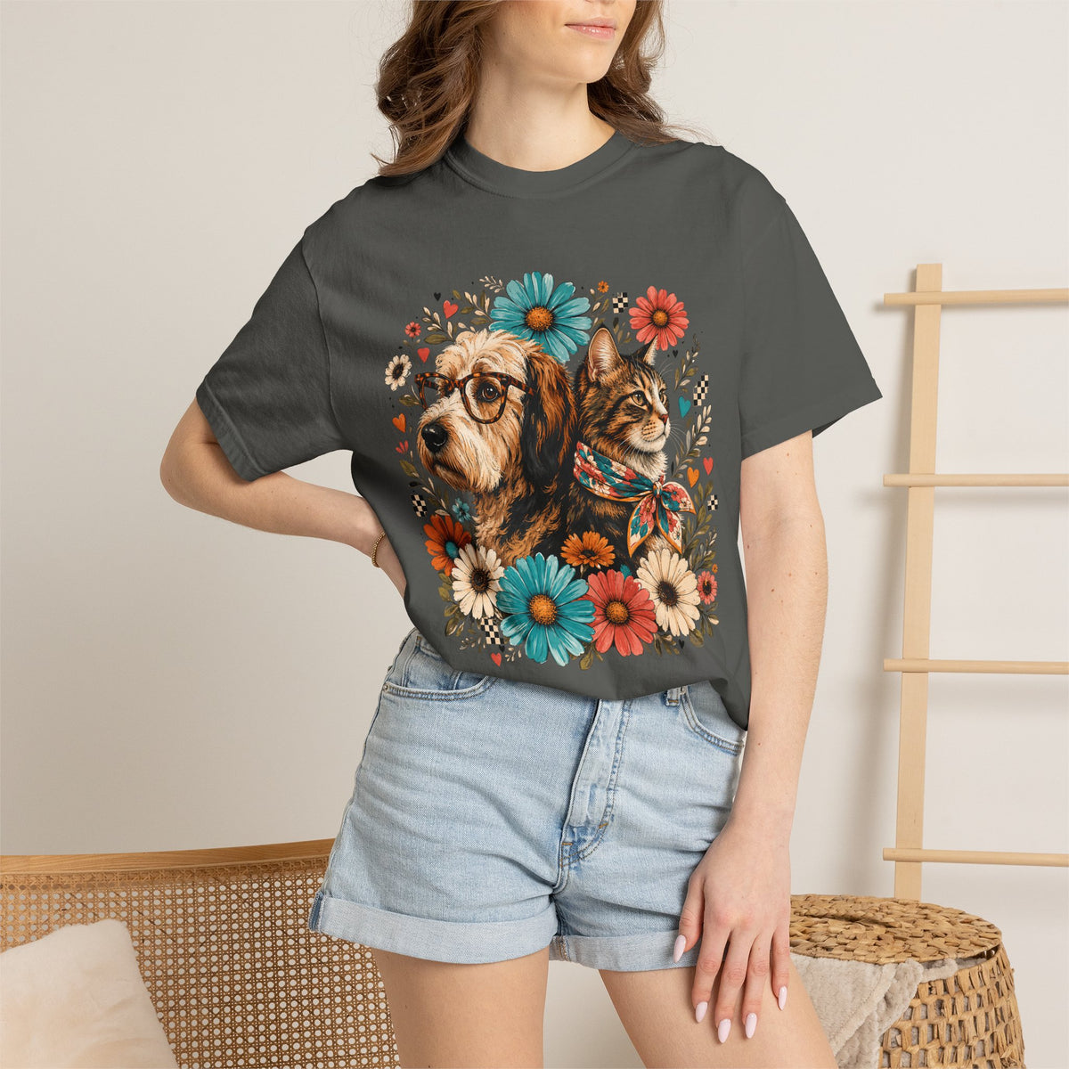 Retro Floral Dog and Cat T-Shirt – Colorful Pet Mom Graphic