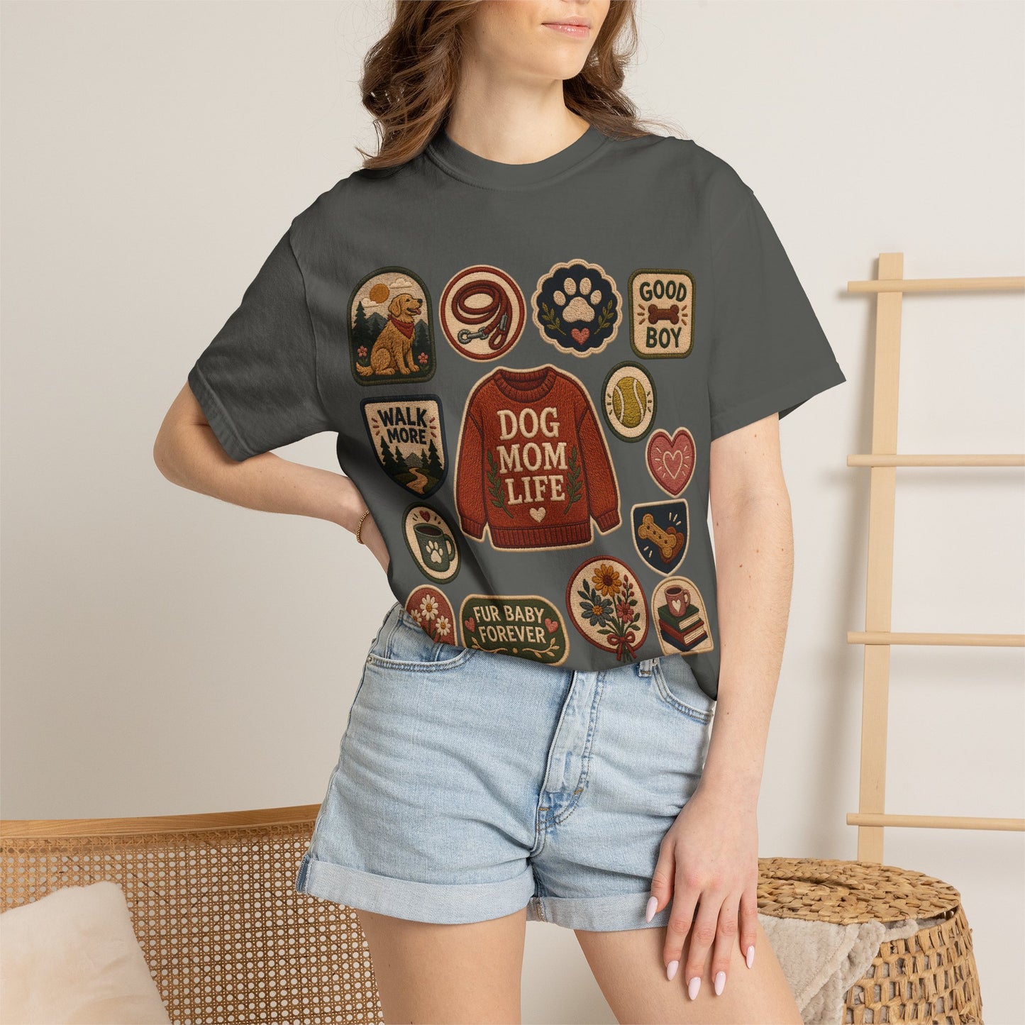 Dog Mom Life Patch — Cute Pet Lover T-Shirt (Patch Effect - Flat Printed Image - No Embroidery on this T-Shirt)