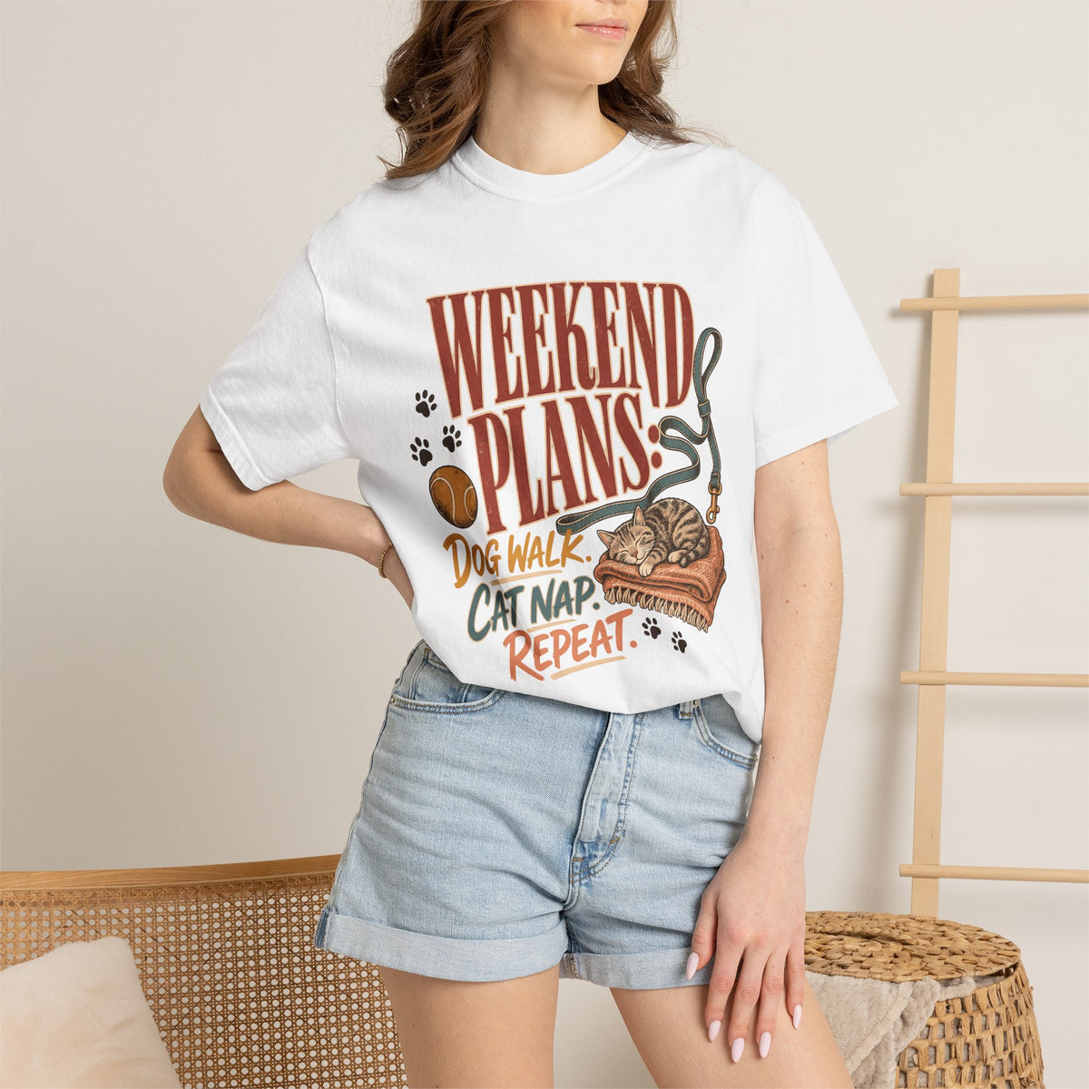Weekend Plans Dog Walk Cat Nap Repeat T-Shirt – Funny Pet Parent Tee