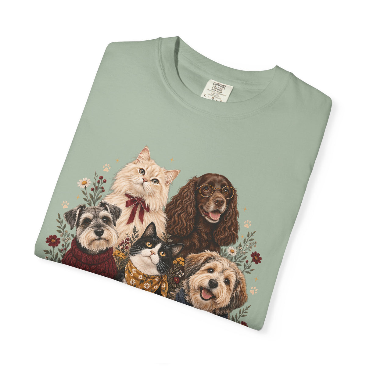 Dog & Cat Family T-Shirt – Vintage Botanical Five Pets Tee