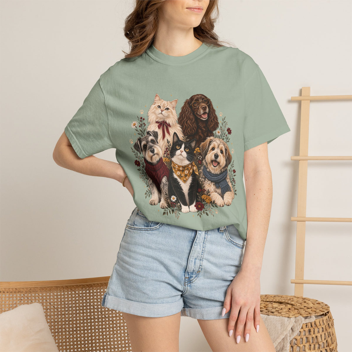 Dog & Cat Family T-Shirt – Vintage Botanical Five Pets Tee