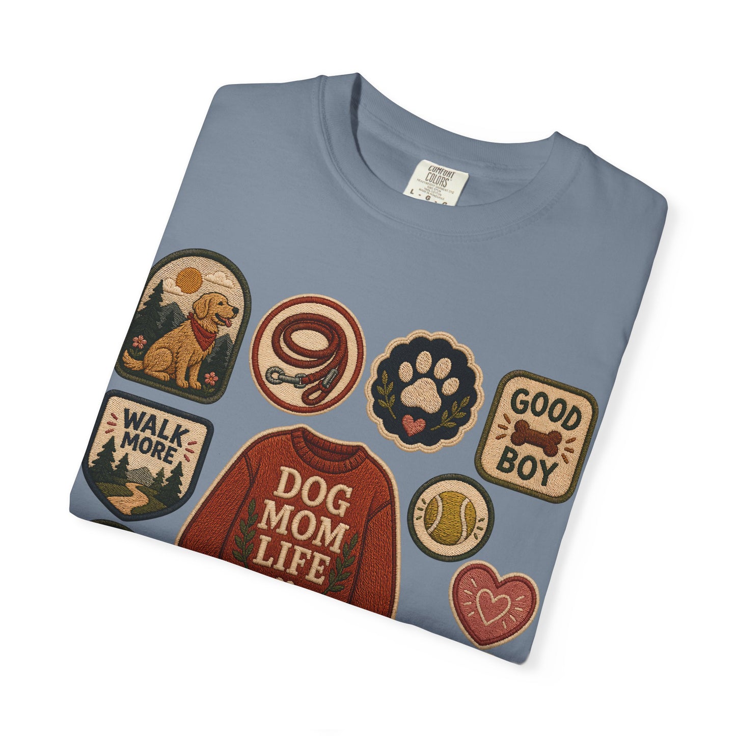 Dog Mom Life Patch — Cute Pet Lover T-Shirt (Patch Effect - Flat Printed Image - No Embroidery on this T-Shirt)