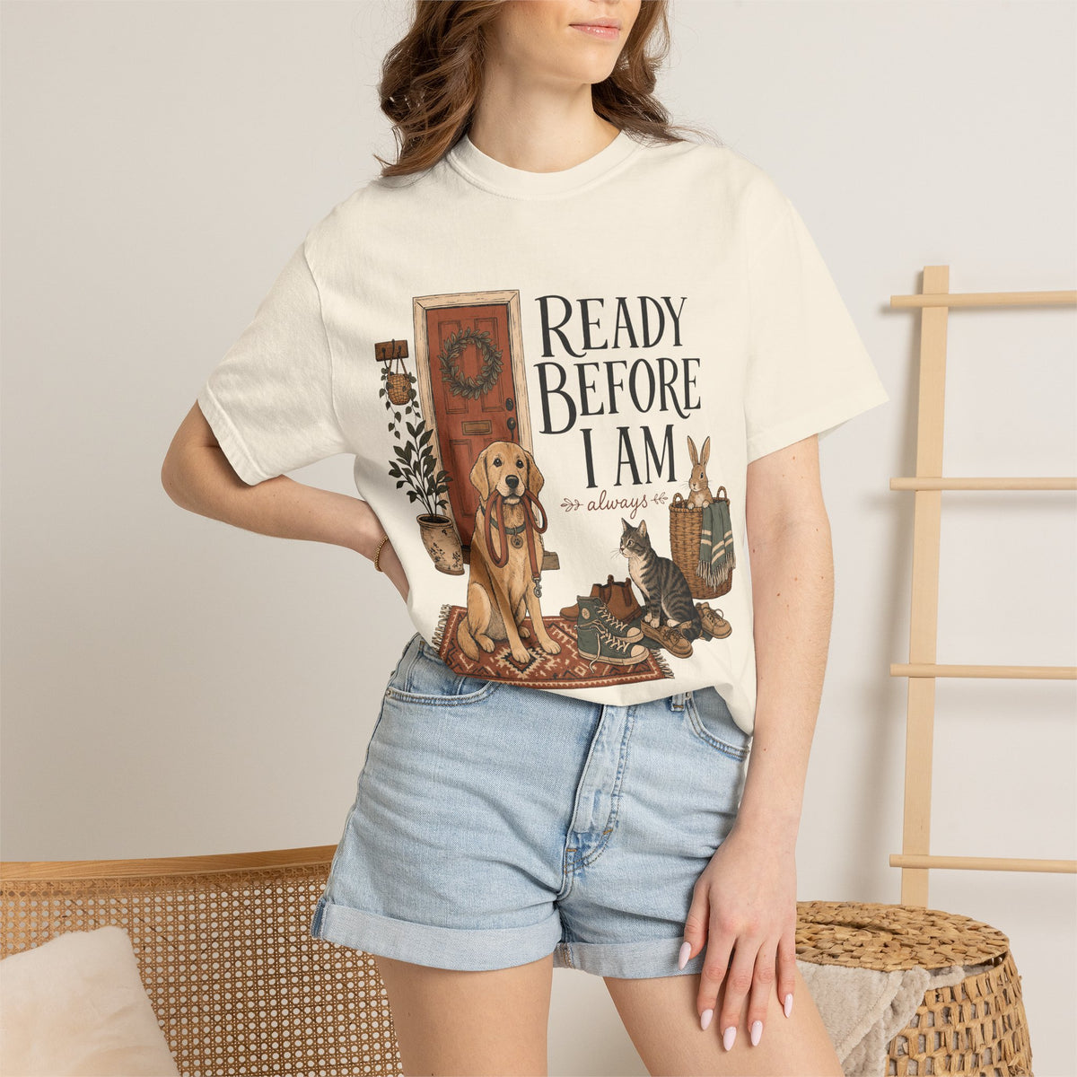 "Ready Before I Am, Always" Golden Retriever, Cat & Bunny T-Shirt