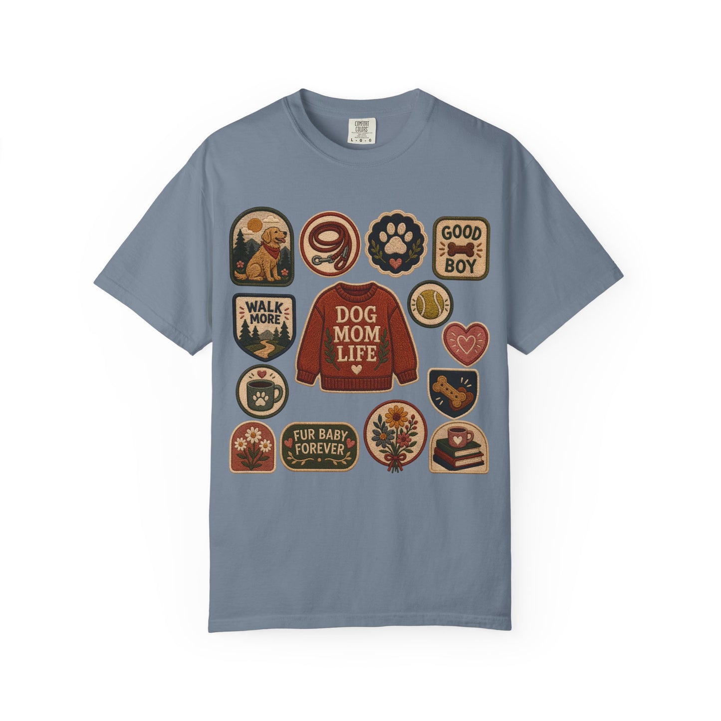 Dog Mom Life Patch — Cute Pet Lover T-Shirt (Patch Effect - Flat Printed Image - No Embroidery on this T-Shirt)