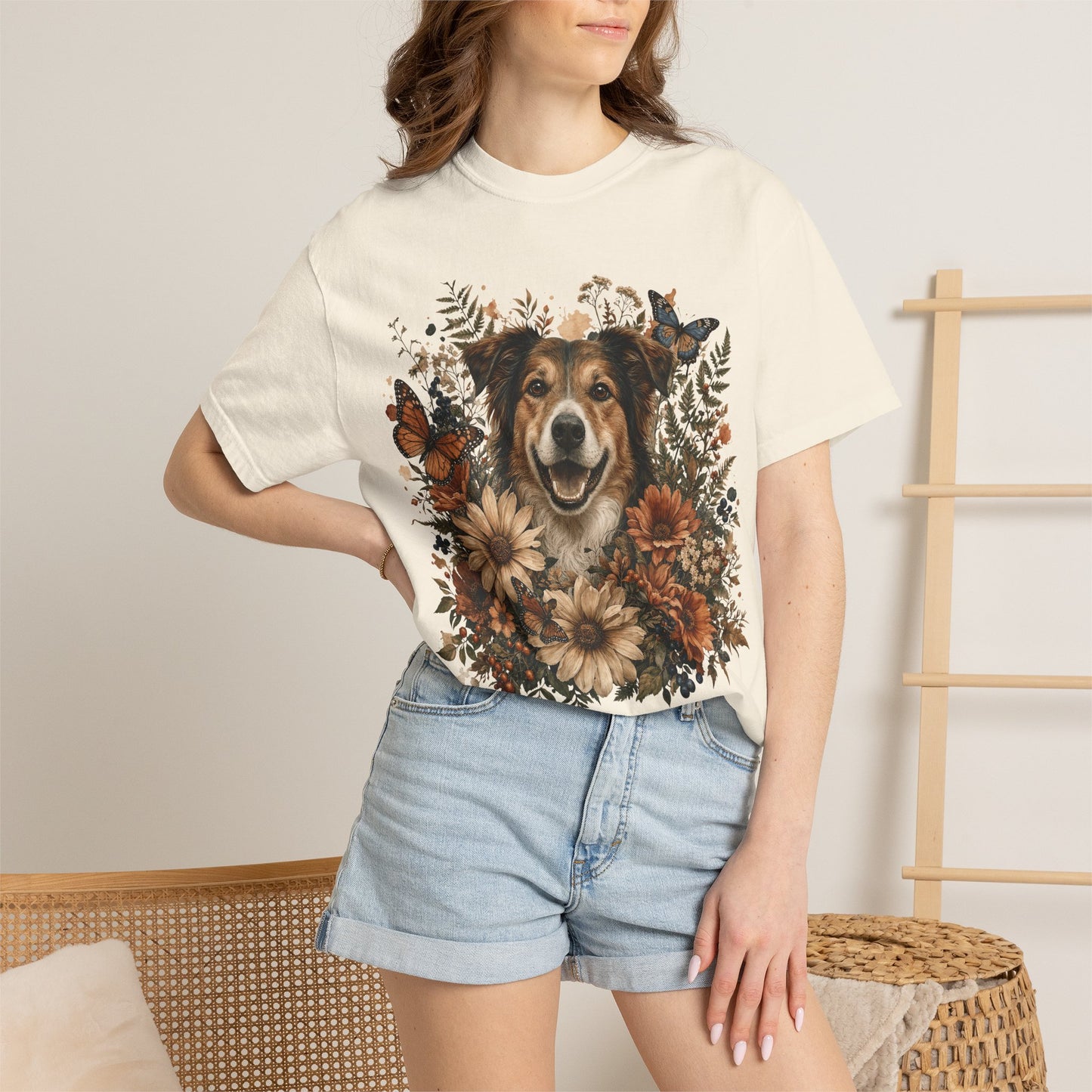 Floral Rescue Dog Portrait  — Cute Pet Lover T-Shirt