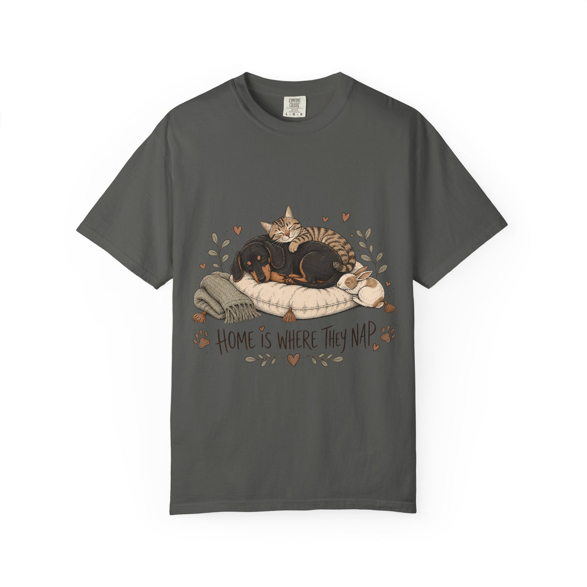 "Home Is Where They Nap" Sleepy Pets T-Shirt – Dachshund, Cat & Bunny Design