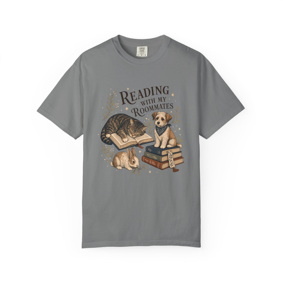 "Reading With My Roommates" Cat, Dog & Bunny Book Lover T-Shirt