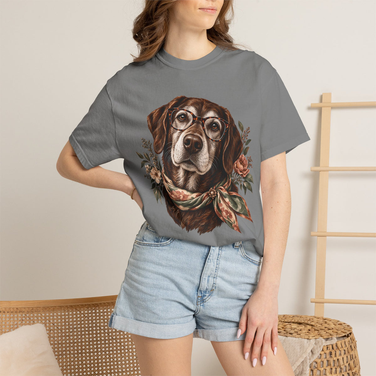 Vintage Floral Dog T-Shirt – Dog with Glasses & Botanical Scarf Tee