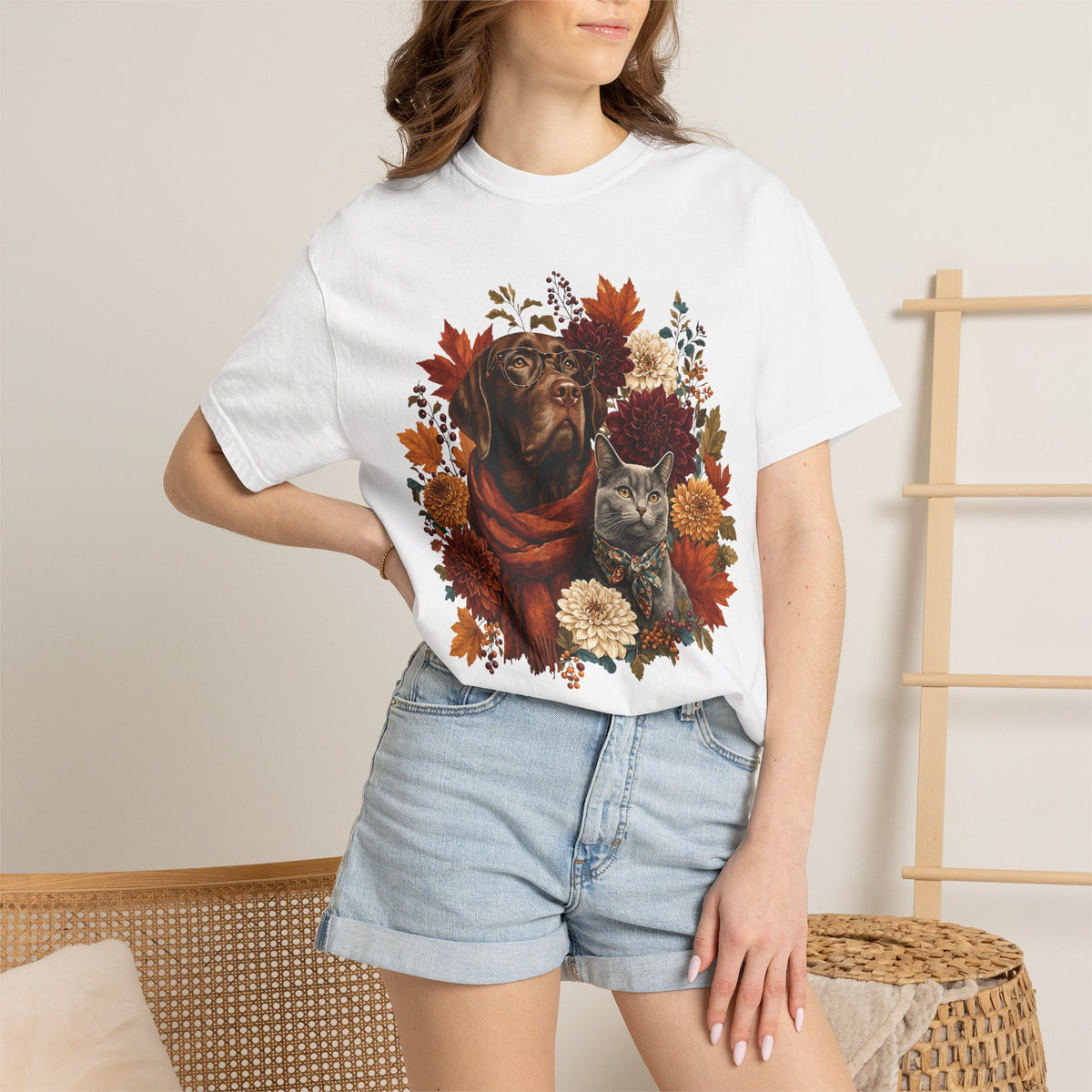 Autumn Dog & Cat T-Shirt – Vintage Floral Pet Lover Fall Graphic Tee
