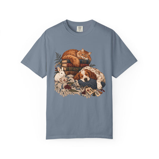 Cozy Reading Pets T-Shirt – Cat, Dog & Bunny Book Lover Tee