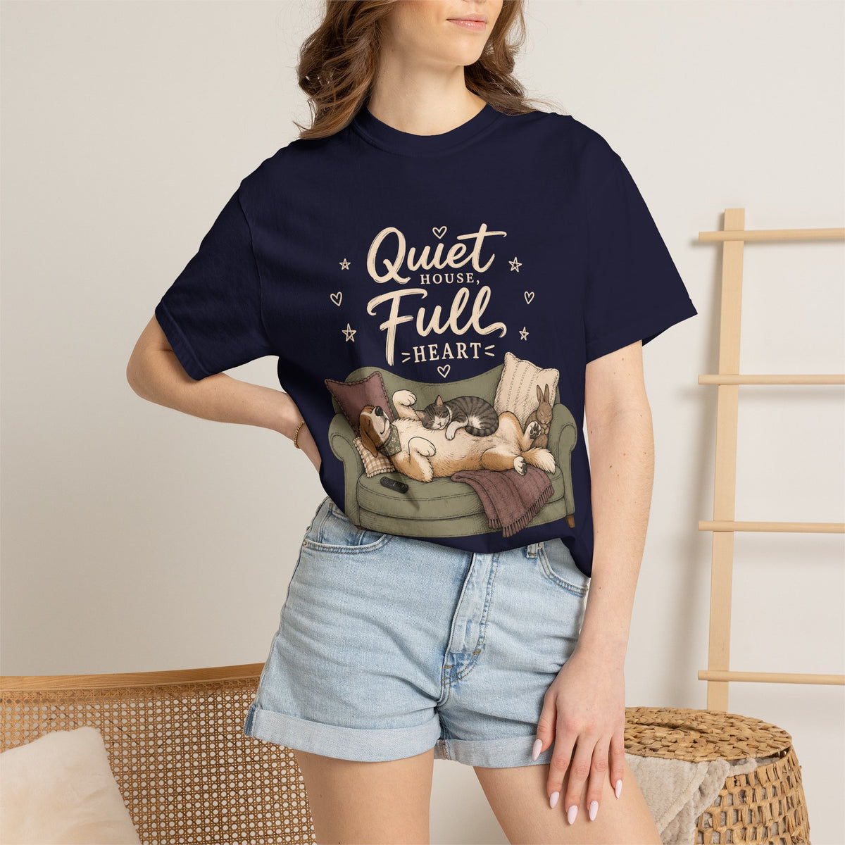 "Quiet House, Full Heart" Sleeping Dog, Cat & Bunny Sofa T-Shirt
