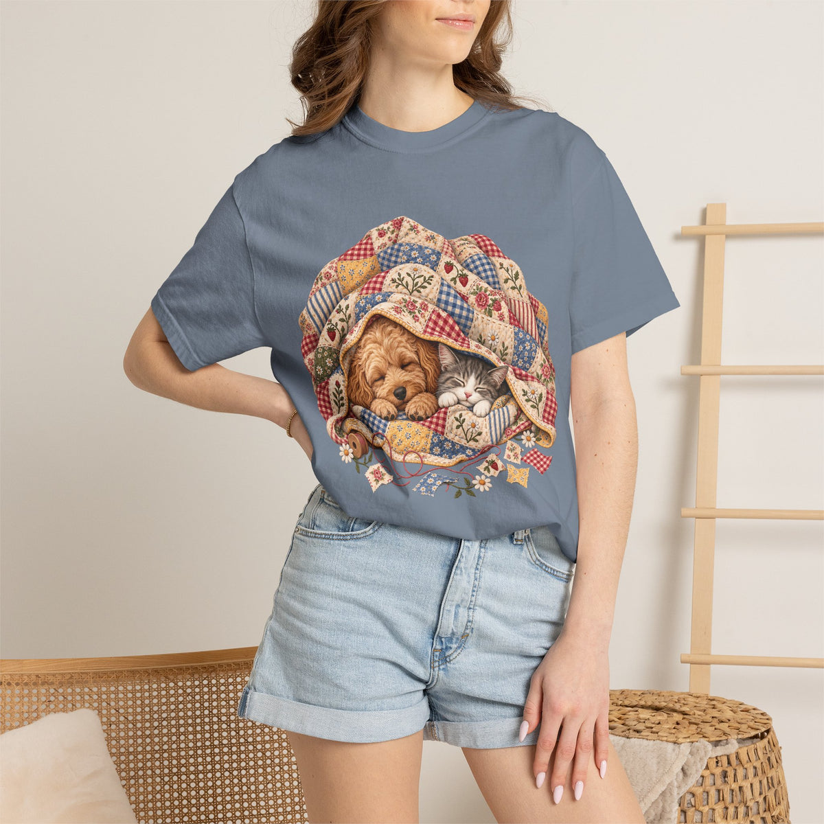 Sleeping Puppy & Kitten T-Shirt – Vintage Patchwork Quilt Pet Lover Tee
