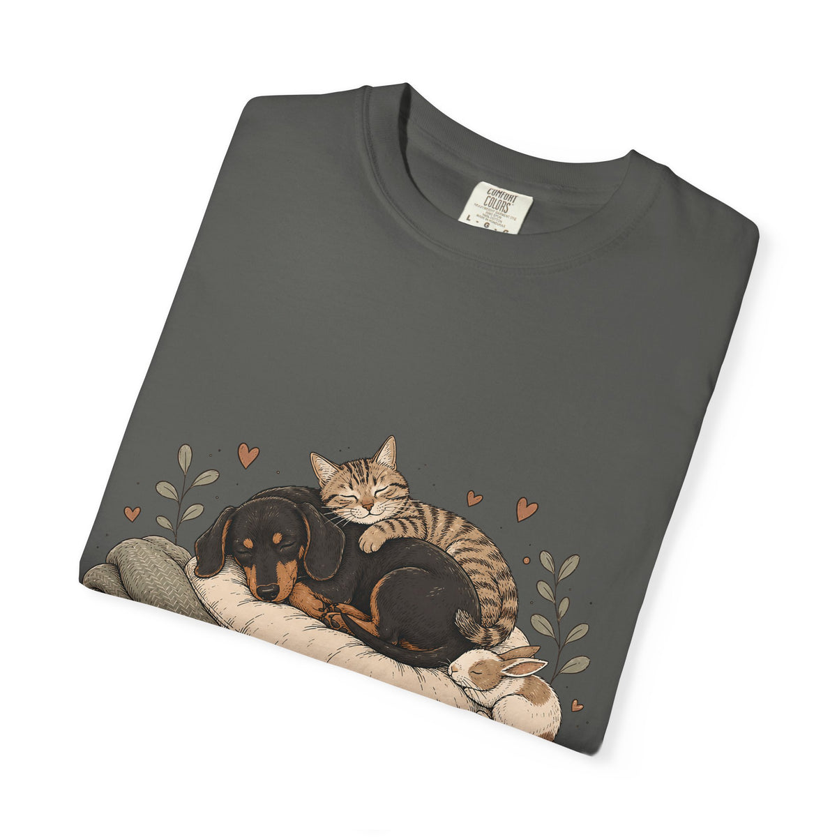 "Home Is Where They Nap" Sleepy Pets T-Shirt – Dachshund, Cat & Bunny Design
