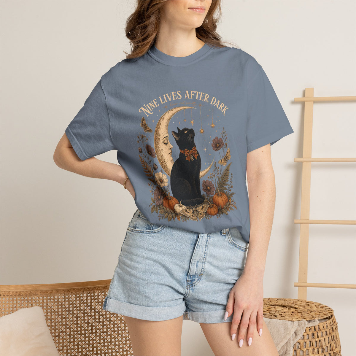 Nine Lives After Dark T-Shirt – Black Cat Celestial Moon Graphic Tee