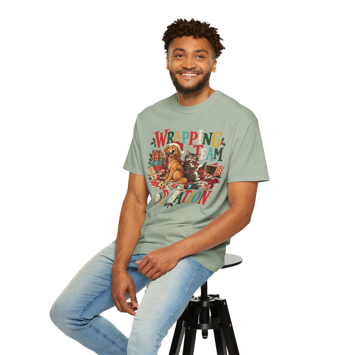 Wrapping Team on Probation T-Shirt – Funny Christmas Dog & Cat Tee