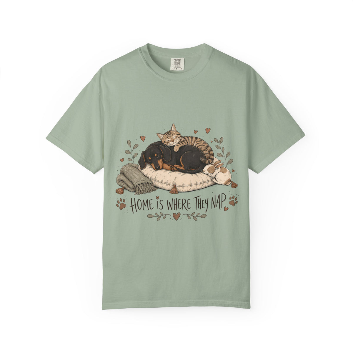 "Home Is Where They Nap" Sleepy Pets T-Shirt – Dachshund, Cat & Bunny Design