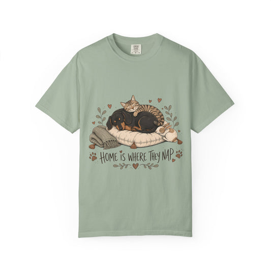 "Home Is Where They Nap" Sleepy Pets T-Shirt – Dachshund, Cat & Bunny Design