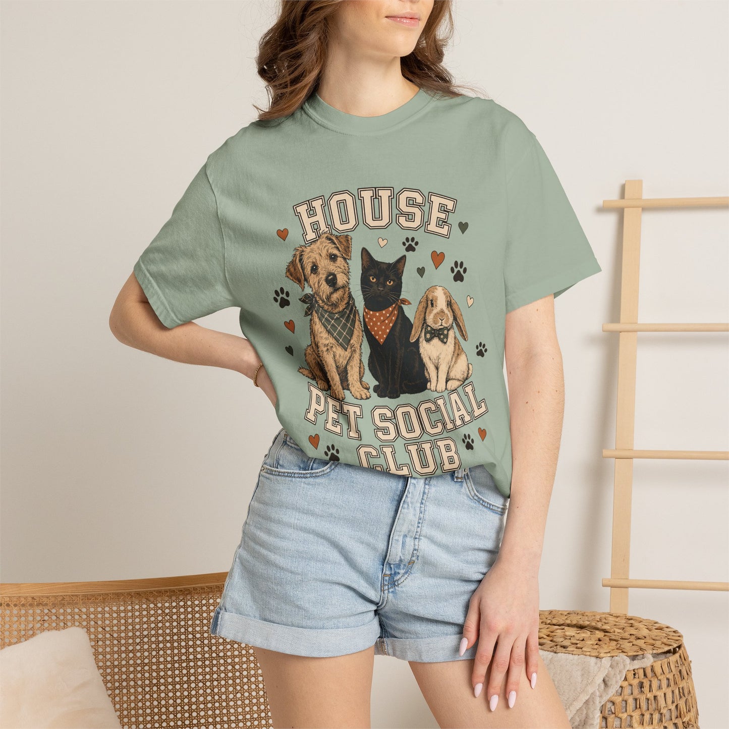 "House Pet Social Club" Varsity-Style Dog, Cat & Bunny T-Shirt