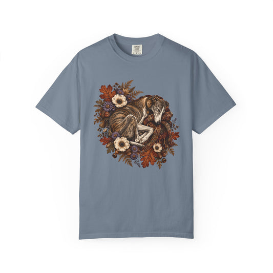 Sleeping Brindle Whippet Grey Hound T-Shirt – Vintage Autumn Sighthound Floral Tee