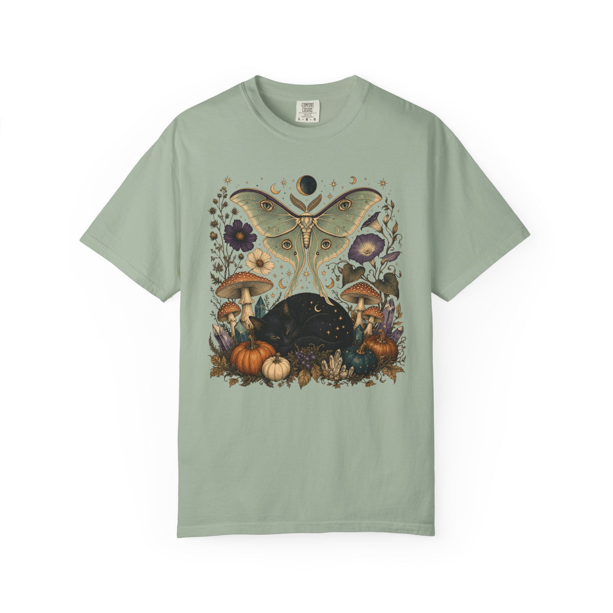 Celestial Black Cat T-Shirt – Witchy Moth & Mushroom Cat Lover Tee