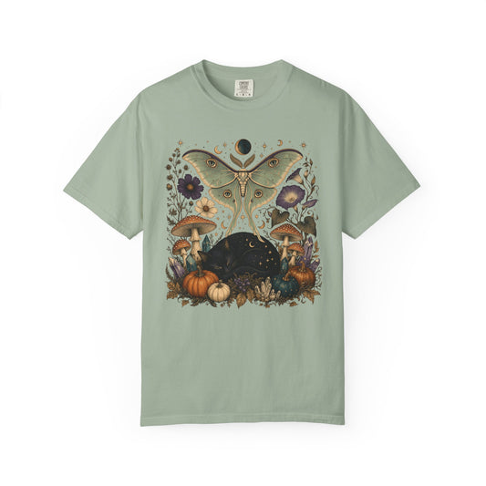 Celestial Black Cat T-Shirt – Witchy Moth & Mushroom Cat Lover Tee
