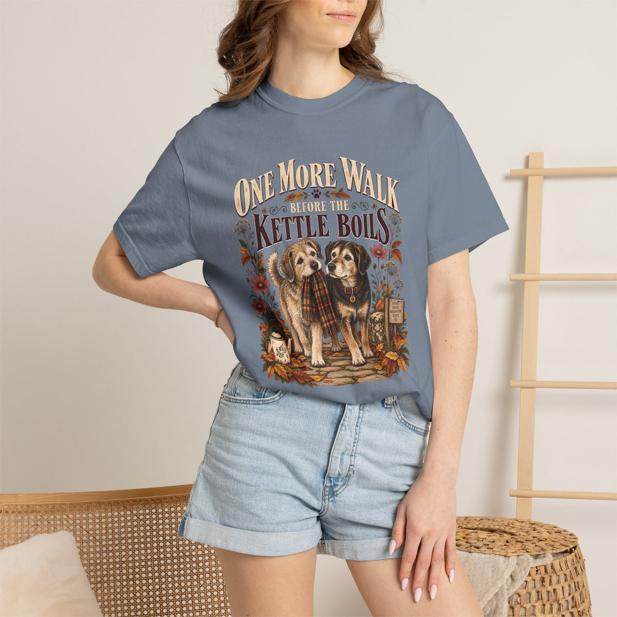 One More Walk Before the Kettle Boils T-Shirt – Vintage Dog Walking Tee
