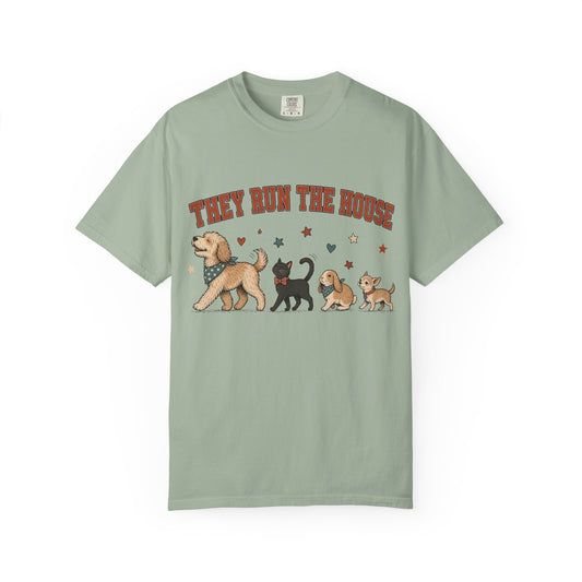 "They Run the House" Funny Multi-Pet T-Shirt – Dog, Cat, Bunny & Chihuahua Design