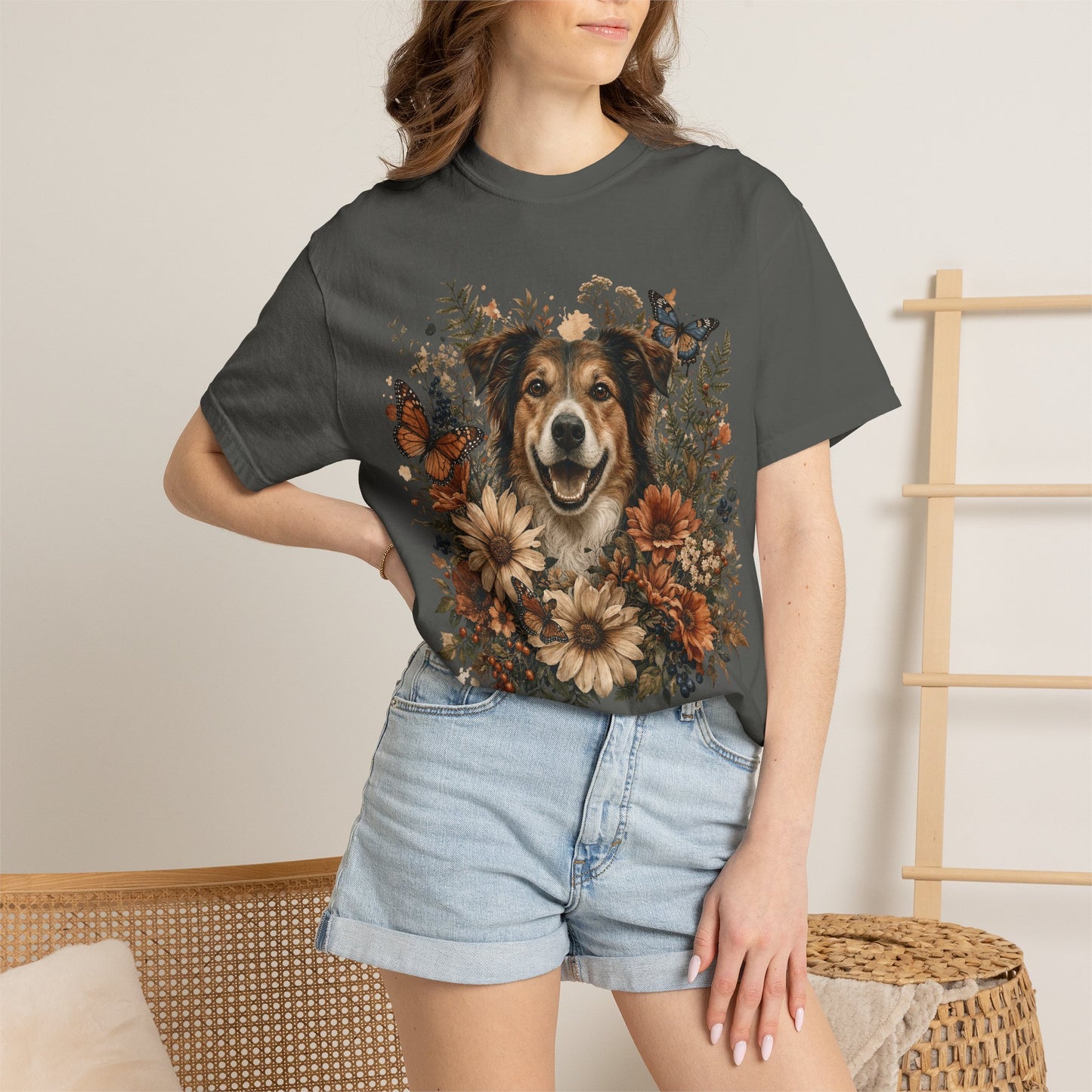 Floral Rescue Dog Portrait  — Cute Pet Lover T-Shirt