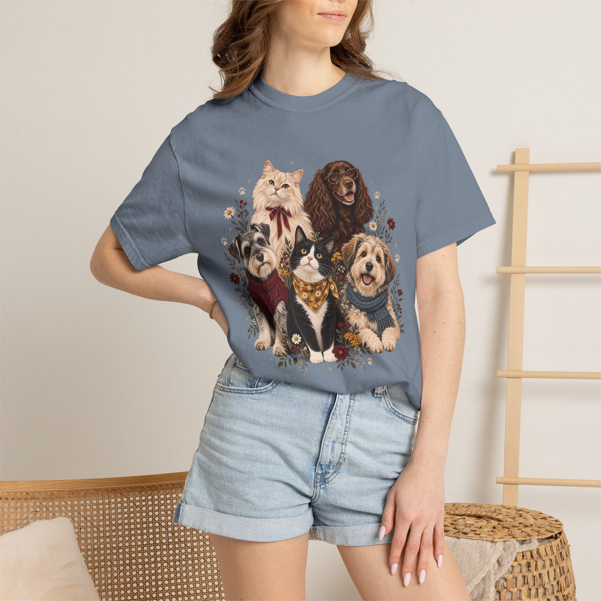 Dog & Cat Family T-Shirt – Vintage Botanical Five Pets Tee