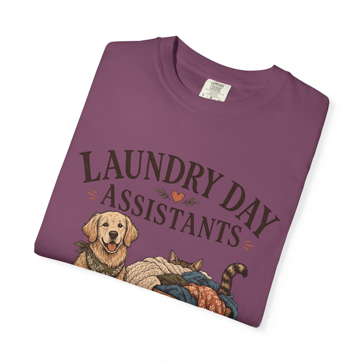 "Laundry Day Assistants" Funny Golden Retriever & Cat T-Shirt